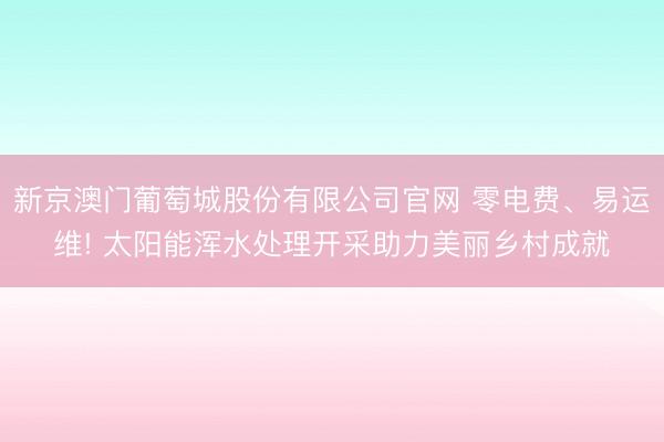 新京澳门葡萄城股份有限公司官网 零电费、易运维! 太阳能浑水处理开采助力美丽乡村成就